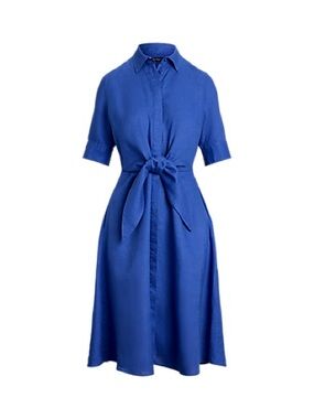 Lauren Ralph Lauren Royal Blue Tie-Front Linen Shirt Dress Summer - 6